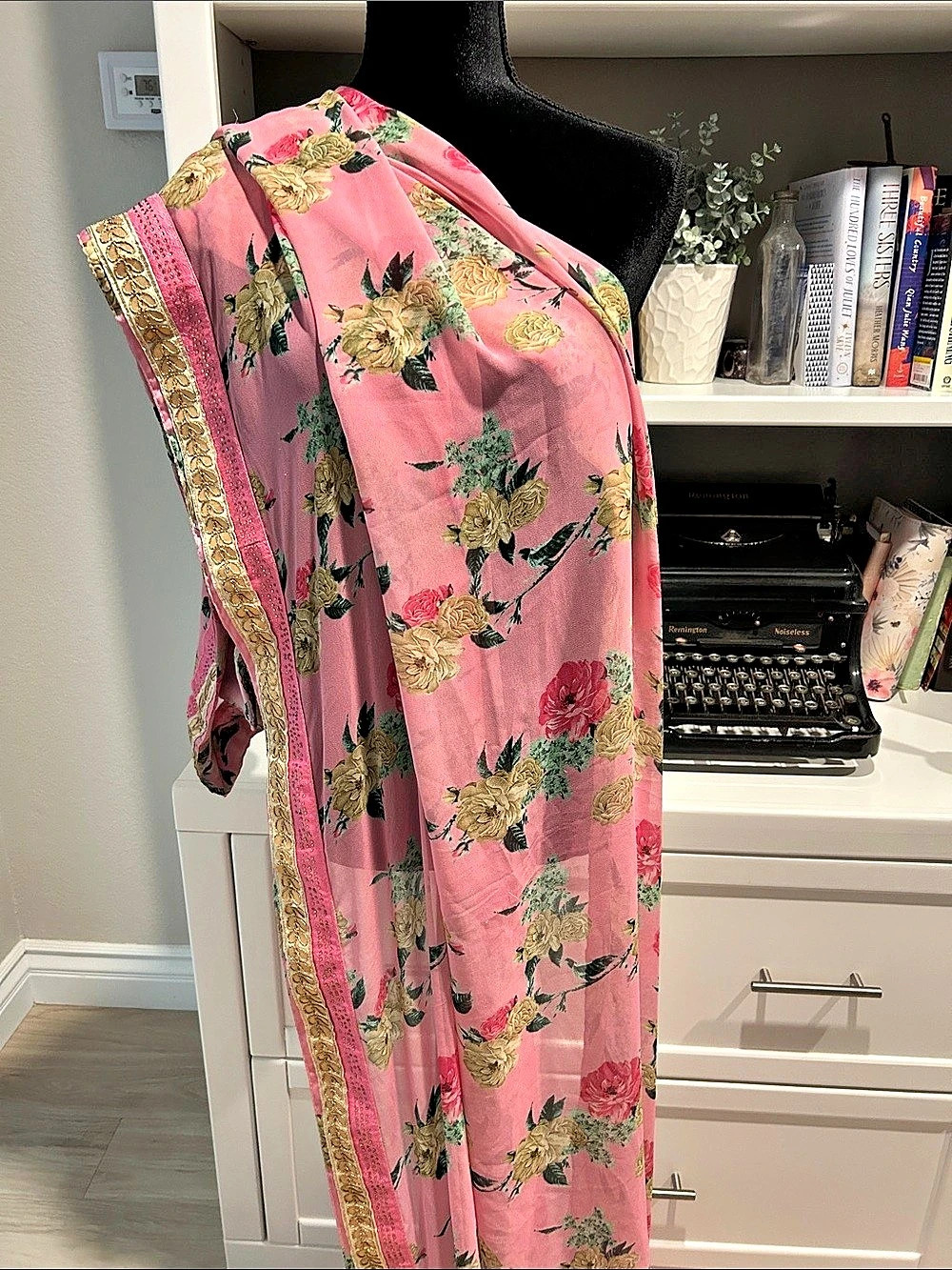Floral Pink & Gold Saree